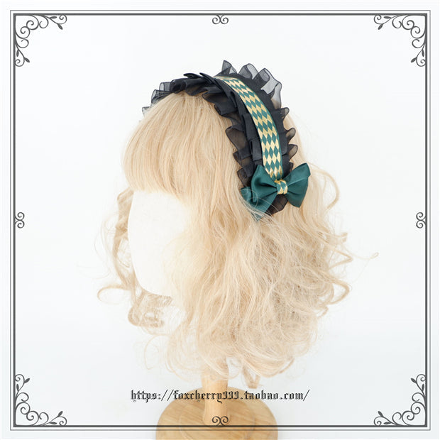 Fox Cherry - Green Lattice Rabbit Ear Bow Lolita Hat Headdress
