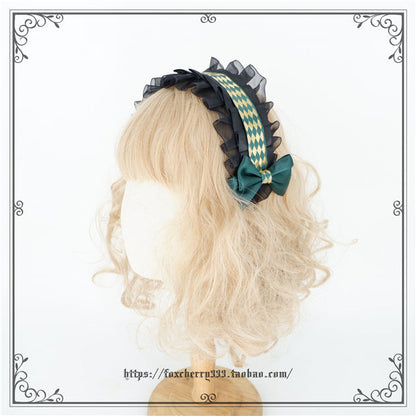 Fox Cherry - Green Lattice Rabbit Ear Bow Lolita Hat Headdress