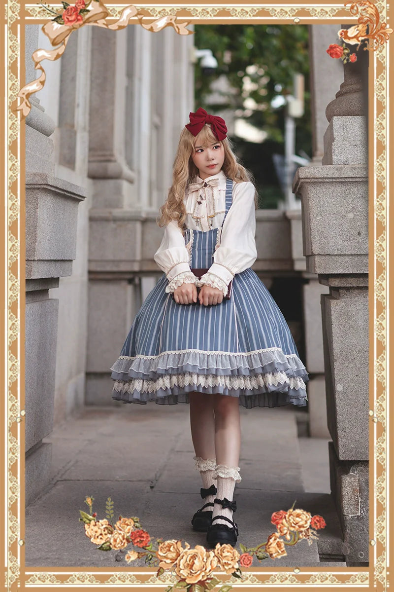 Infanta - Elegant Lolita Stripe High-waist Jumper Dress Set and Cape