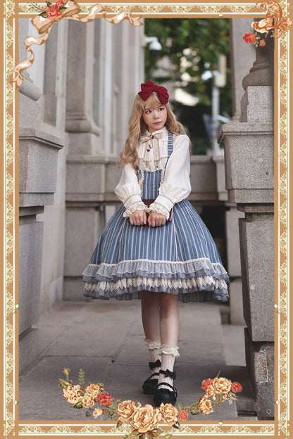 Infanta - Elegant Lolita Stripe High-waist Jumper Dress Set and Cape