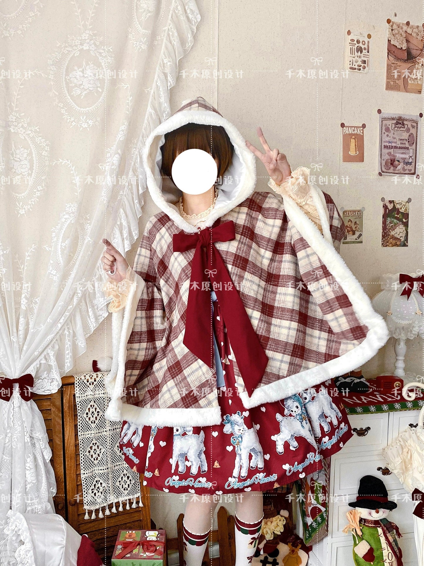 Qianmu - Waffle - Kawaii Lolita Cape Daily Lolita Plaid Hoodie Cloak