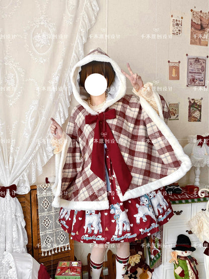Qianmu - Waffle - Kawaii Lolita Cape Daily Lolita Plaid Hoodie Cloak