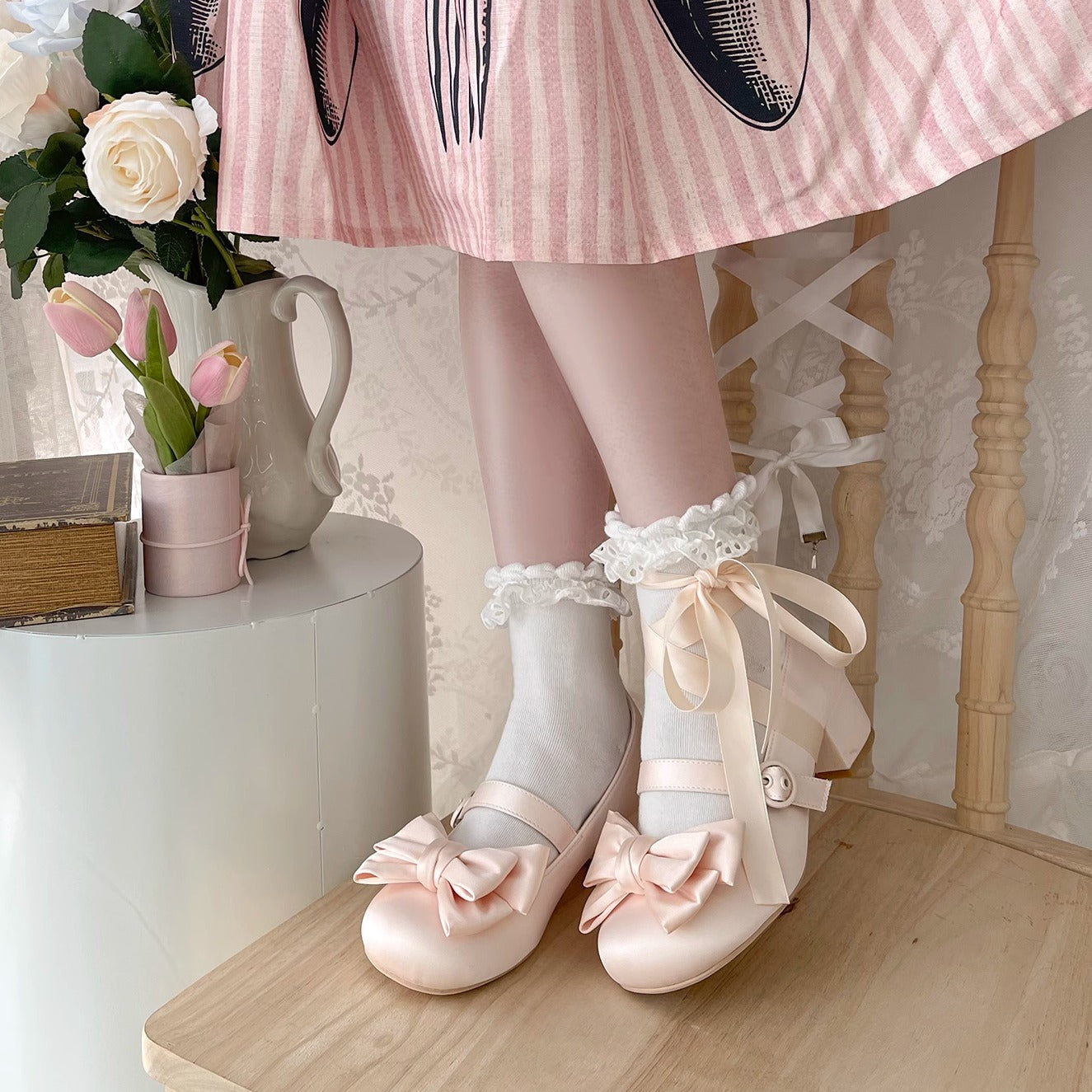 MODO - Sissi - Sweet Lolita Shoes Satin Low Chunky Heels with Bow