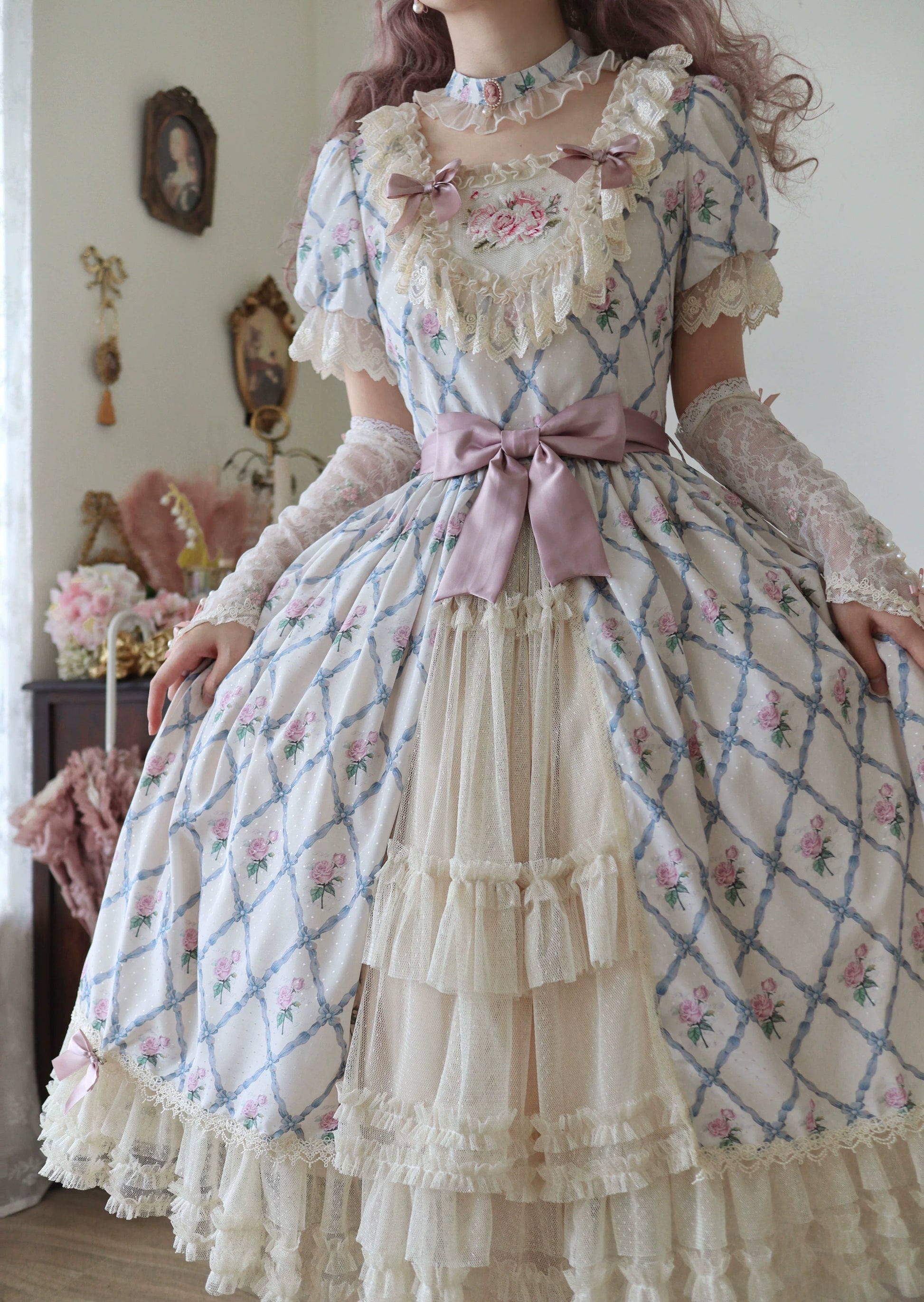 Moon River - Elegant Lolita OP Dress Short Sleeve Square Neckline Print Dress