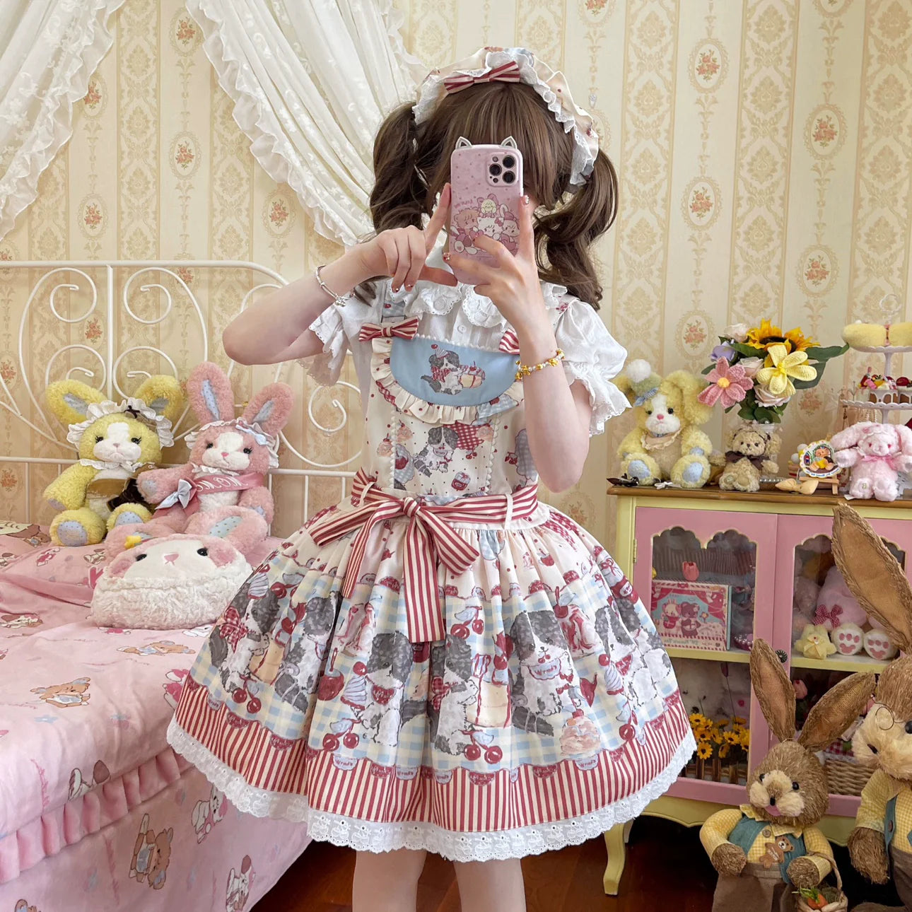 Akiyama Future Studio - Border Collie Cherry - Kawaii Lolita Salopette Cherry Print Dress