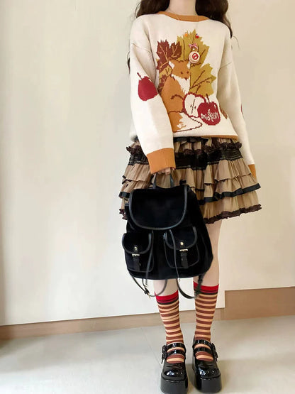 Miss Point - Chubby Fox in the Forest - Kawaii Lolita Sweater Customized Winter Lolita Couple Outfit