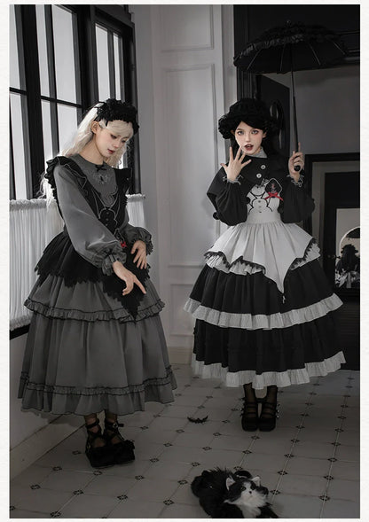 With PUJI - Castle Night - Gothic Twins Lolita OP Three-tiered Embroidery Dress