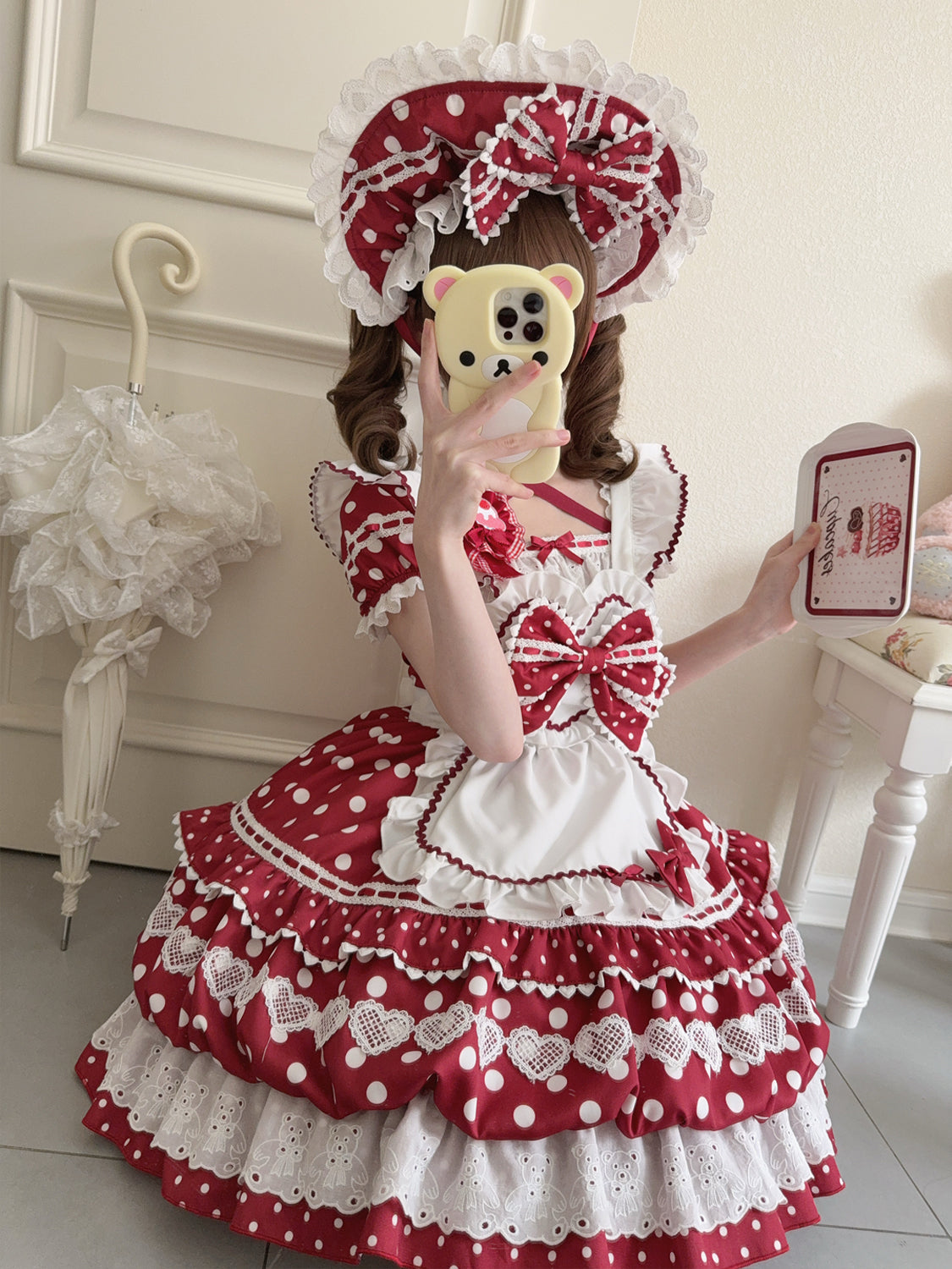 Hanguliang - Berry Bubble - Sweet Lolita OP Suit Tiered Ruffles Skirt with Polka Dots