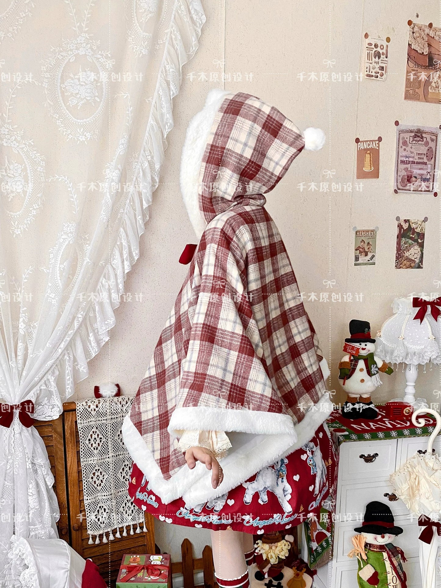 Qianmu - Waffle - Kawaii Lolita Cape Daily Lolita Plaid Hoodie Cloak