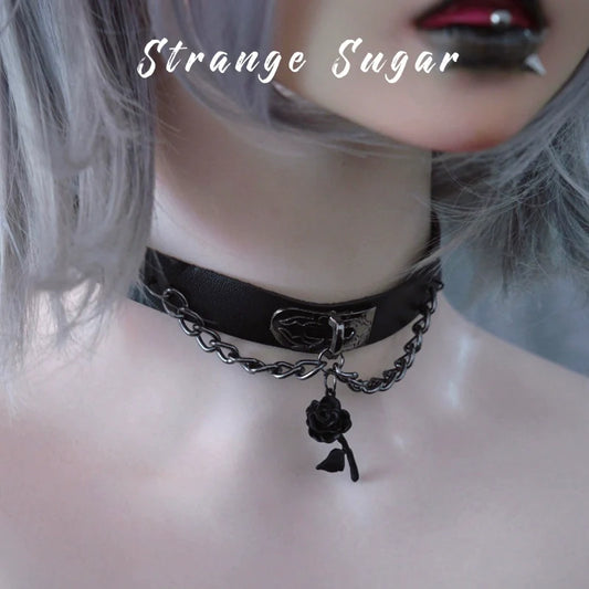 Strange Sugar - Gothic Lolita Choker Faux Leather Rose Pendant Necklace