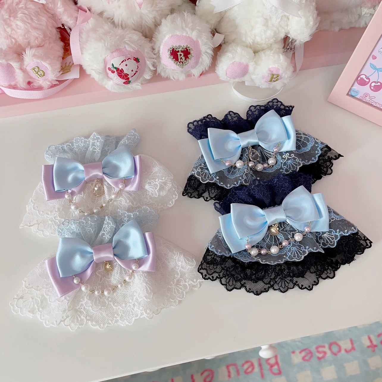 CheeseCat - Sweet Lolita Lace Cuffs Seashell Embroidery Ribbon Bow