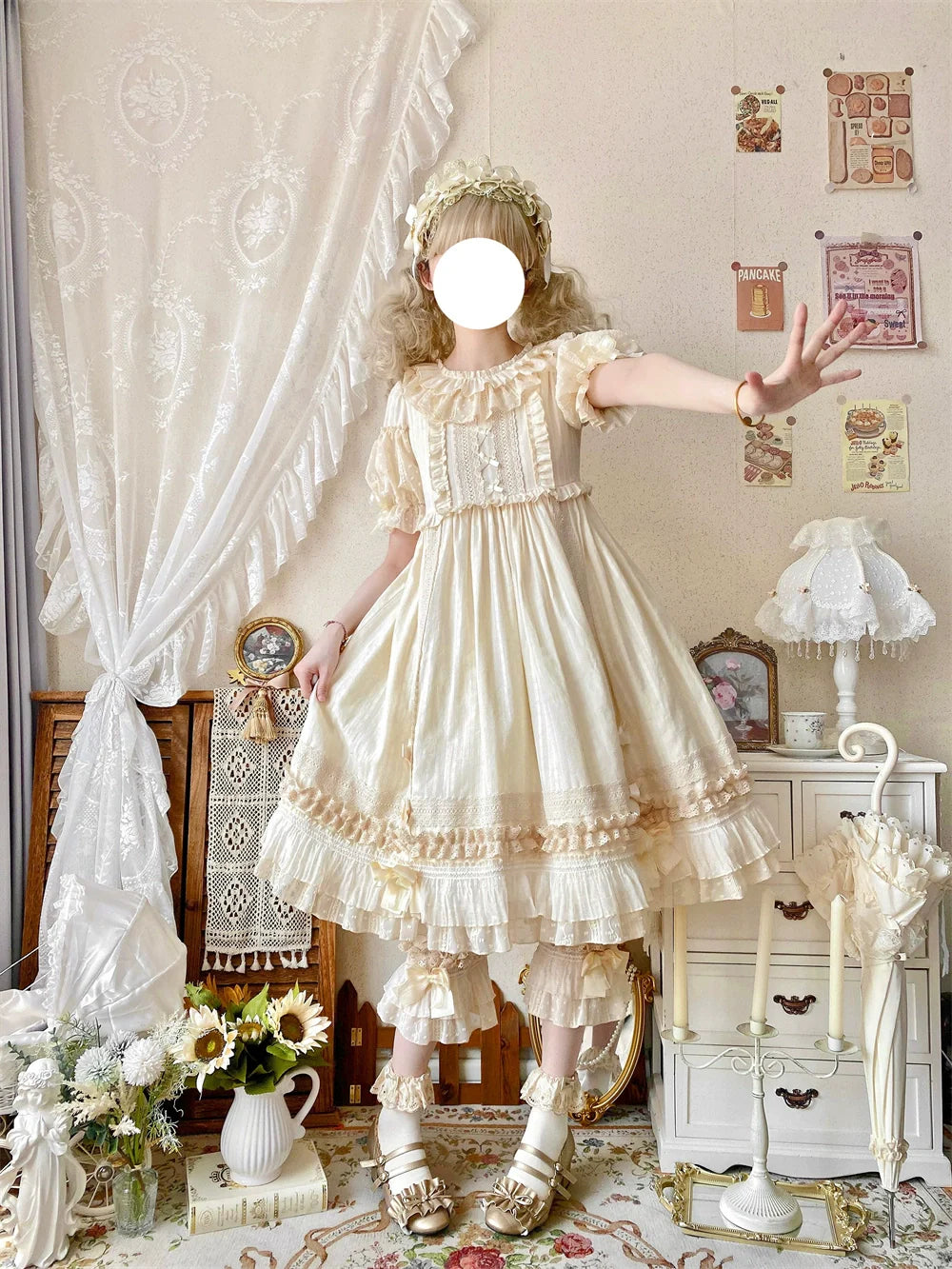 Ilovexiaolu - Meow Lullaby - Cotton Kawaii Lolita OP Dress with Removable Kitty Apron