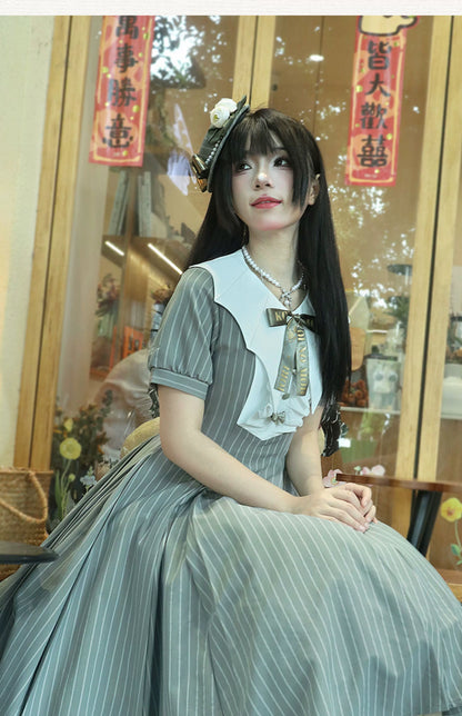 Forest Fluorescent Carps - The Rain of London - Elegant Lolita OP Dress, Bat Wing-Shaped Neckline