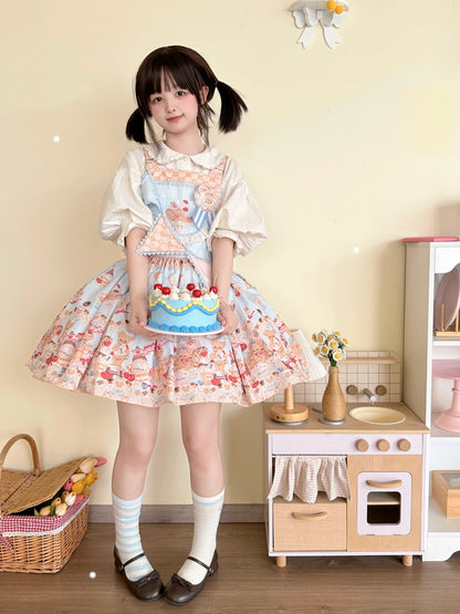 White Tea Story - Little Bear Bonny - Kawaii Lolita Salopette, Bear & Dessert Print
