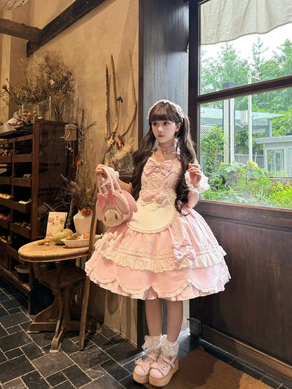 Miss Point - Vintage Petal Rabbit - Old School Lolita OP Cotton Dress With Petal-Shaped Hem