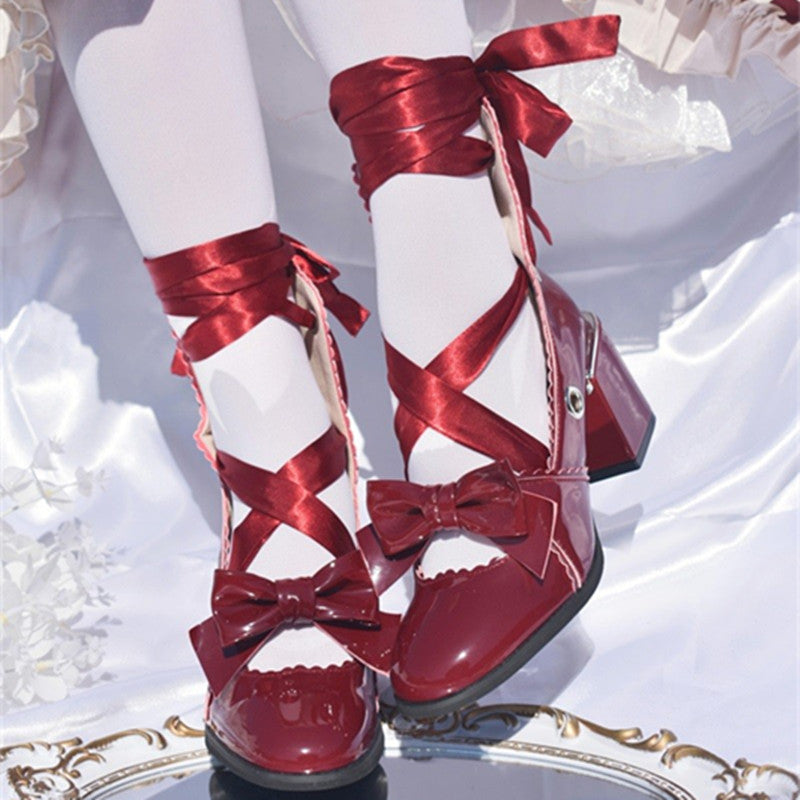 MR.Qiutian - Muse Kiss - Elegant Lolita Shoes Lace-up Bow Heels Round Toe