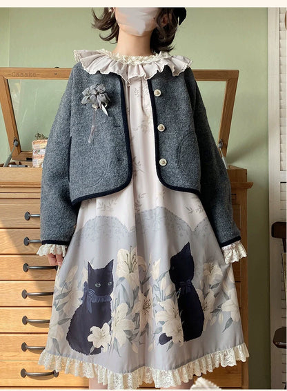 Akiyama Future Studio - Black Cat and Lily - Loose Kawaii Lolita OP Dress with Vest and Hat