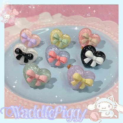 WaddlePiggy - Transparent Heart Bow Adjustable Handmade Lolita Ring