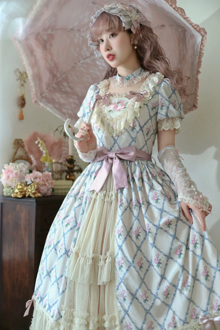 Moon River - Elegant Lolita OP Dress Short Sleeve Square Neckline Print Dress