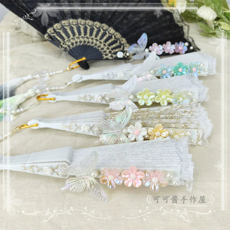 Cocoa Jam - Han Lolita Fan Decorative Folding Fan with Butterfly and Flowers Tassel