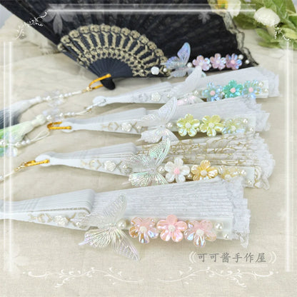 Cocoa Jam - Han Lolita Fan Decorative Folding Fan with Butterfly and Flowers Tassel