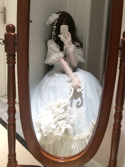 Kuma - Little Wind Chime - Elegant Lolita OP Water Blue Dress With Decorative Tulle Cape