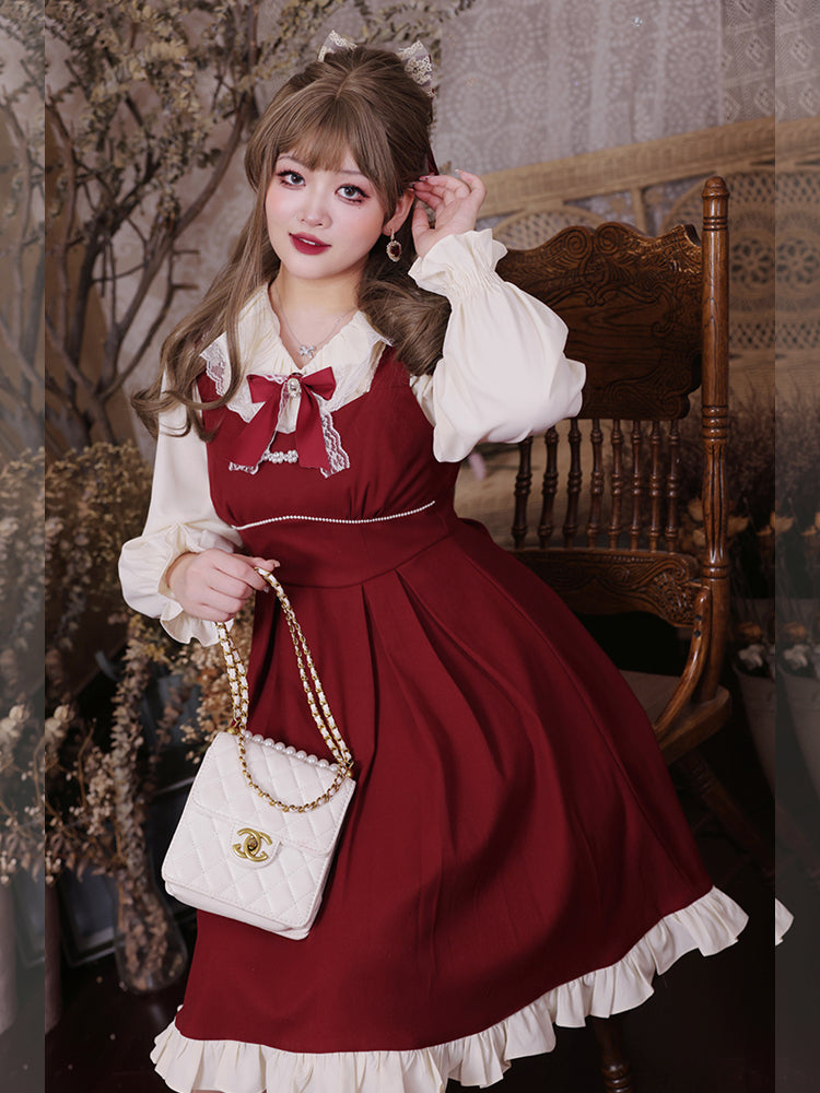 Yingtang - Plus Size Lolita French Retro Dress Set