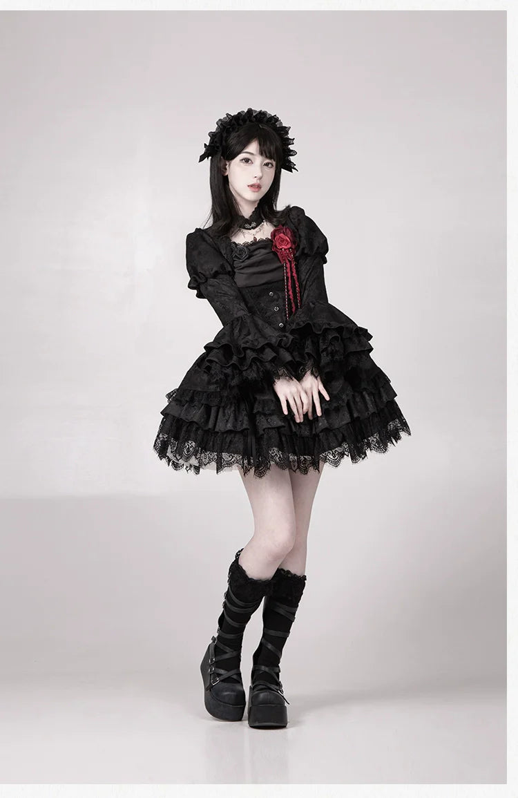 With PUJI - Letter and Poetry ﾂｷ Twilight - Black Gothic Lolita Skirt Set, Witch-Inspired