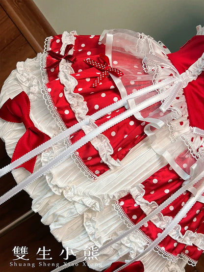 Shuang Sheng Xiao Xiong - Bite The Cake - Sweet Lolita Dress, Red & White Polka Dots