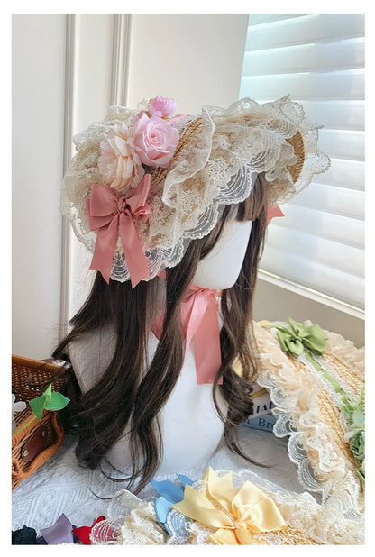 With PUJI - Floral Language - Country Lolita Lace Bow Flat Cap Straw Hat