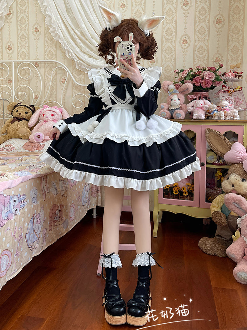 Hua Nai Cat - Sweet Cotton Lolita Socks Mid-Calf Socks with Lace and Bow