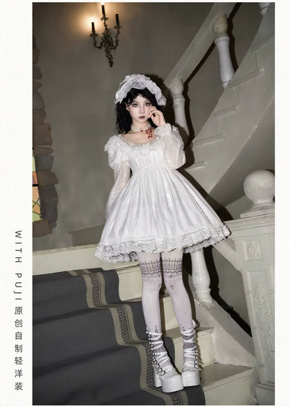 With PUJI - Dawn's Last Light - Castle Printed White Gothic Lolita OP, Two Length Styles
