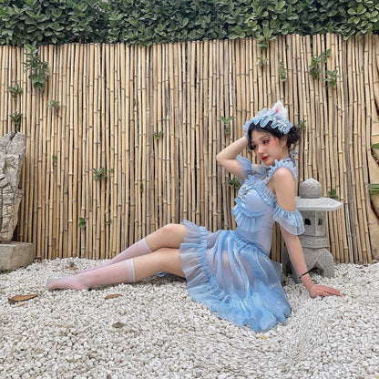 Polaris Lolita - Mermaid - Lolita Inspired Swimsuit with Tulle Overlay and Trailing