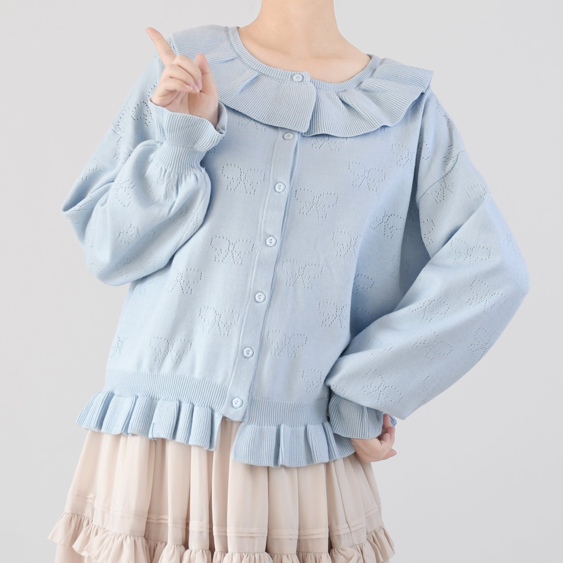 MIST - Vintage Lolita Bow Hollowed-out Sweater Ruffled Cardigan