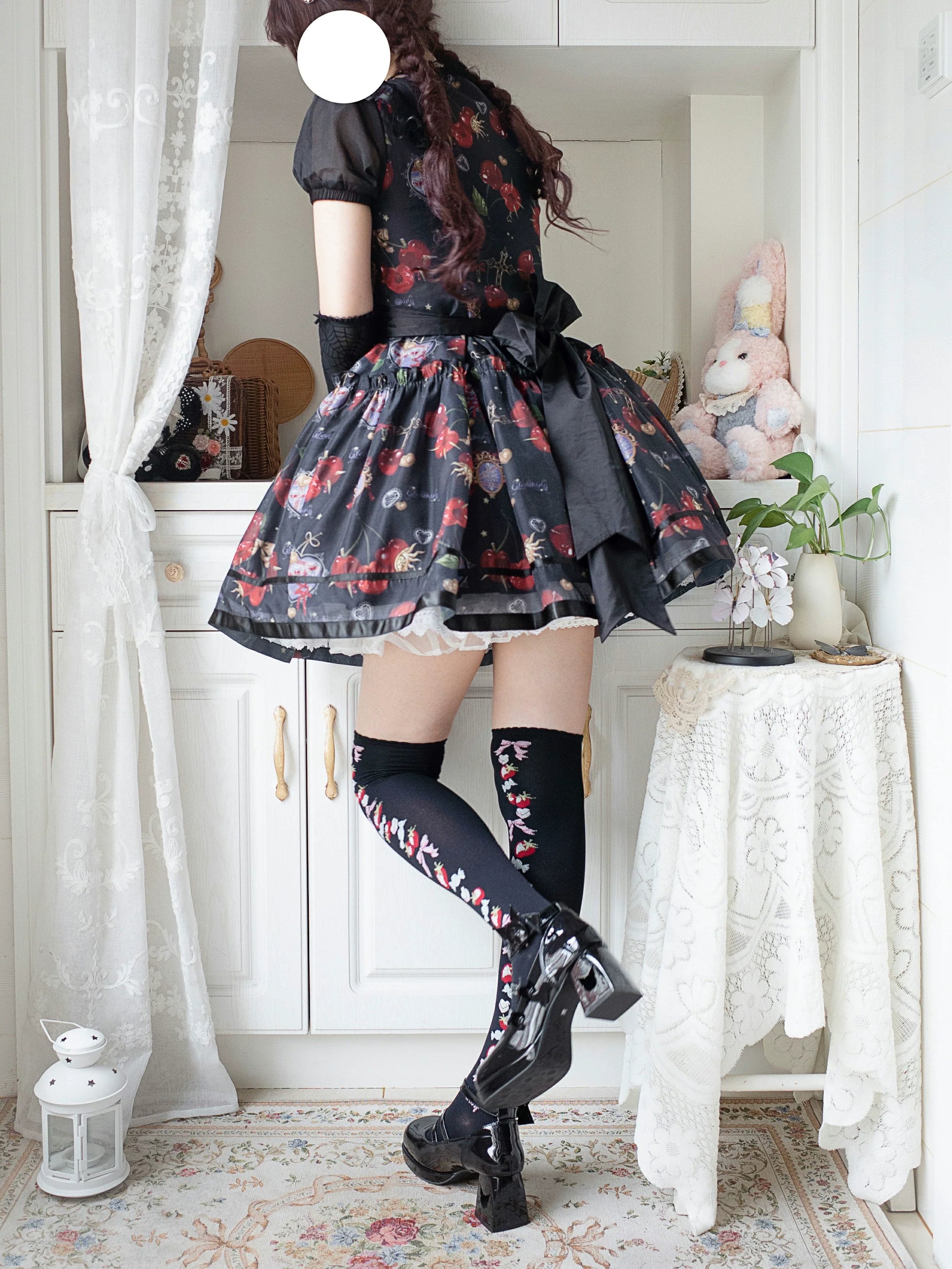 Gloaming - Sweet Lolita Cherry print Short Sleeve OP and SK Set