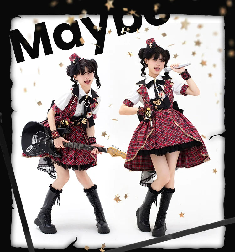 Forest Fluorescent Carps - IP Collab Sweet Lolita Performance Outfit Red Plaid JSK Full Set