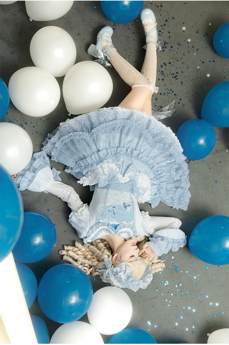 Honey Machine - Blue Whale - Sweet Lolita OP Suit Tiered Ruffle Dress with Shell Lace