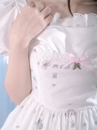 Print puff sleeve lace dress【s0000002172】