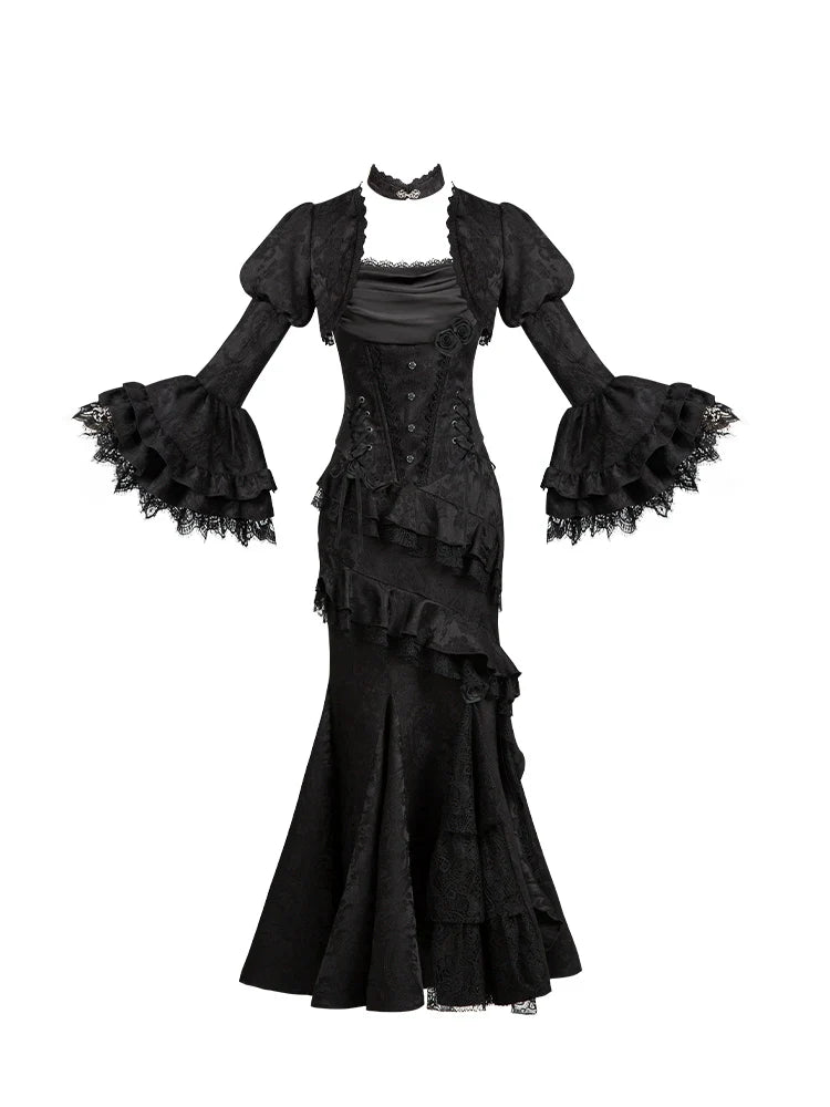 With PUJI - Letter and Poetry ﾂｷ Twilight - Black Gothic Lolita Skirt Set, Witch-Inspired