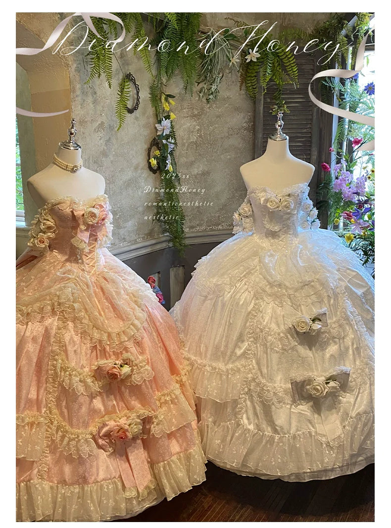 Diamond Honey - Love and Roses - Princess Bridal Wedding Lolita Dress With Rose Detail and Tiered Skirt