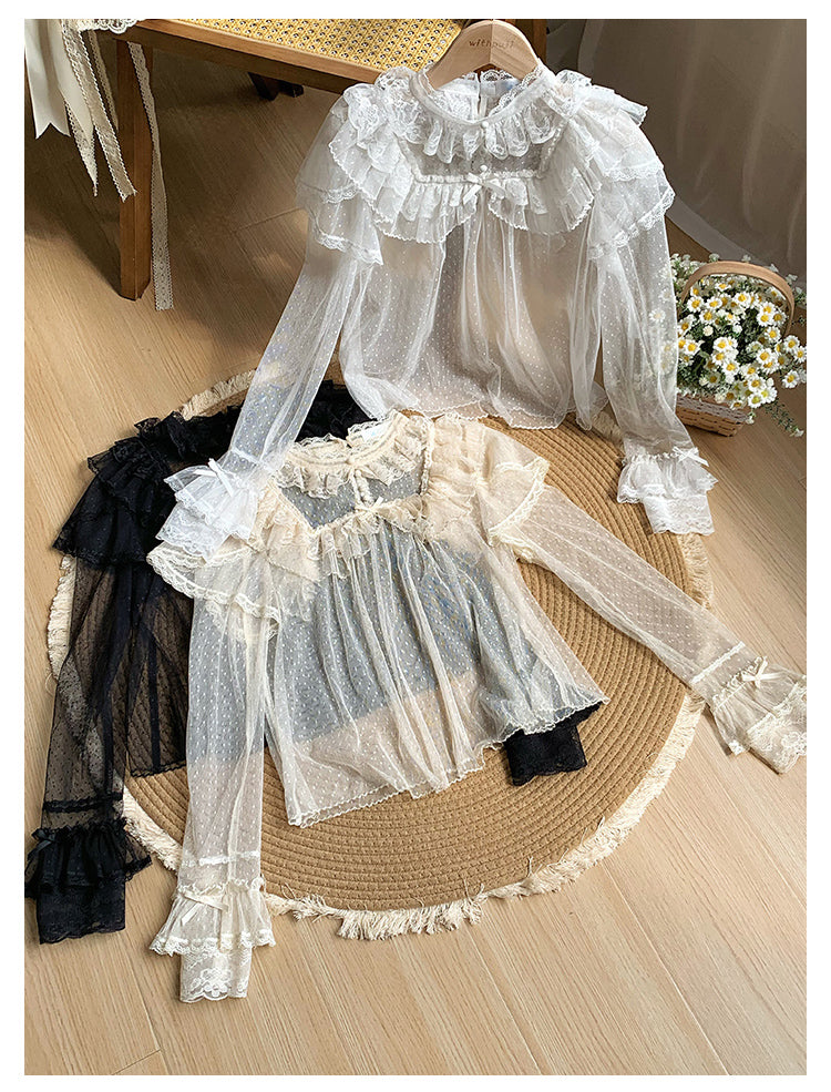 With PUJI - Letters and Poems - Summer Classic Lolita Shirt with Dotted Tulle and Long Sleeve