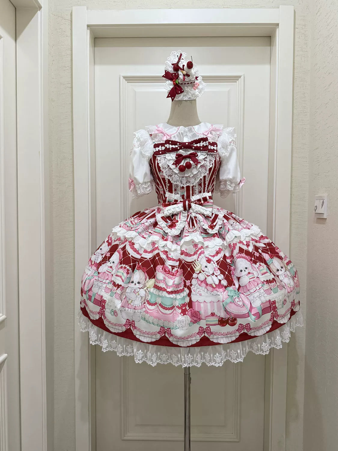 Hanguliang - Cherry Bake Song - Kawaii Lolita JSK Dress With Dessert Print & Cherry Bow