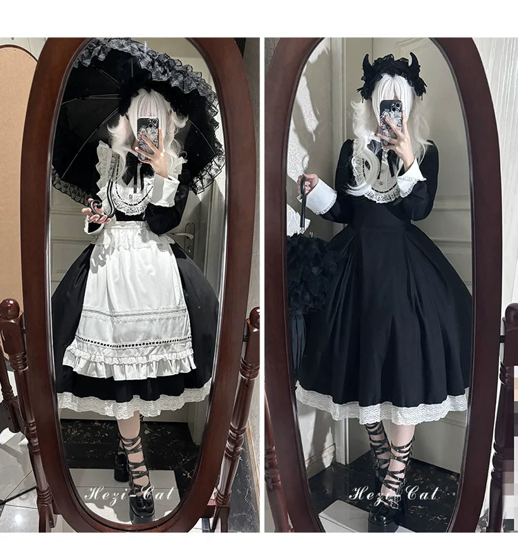 Hezi's Cat Haven - Black Cat Butler - Maid Lolita OP Dress Elegant Black and White Dress