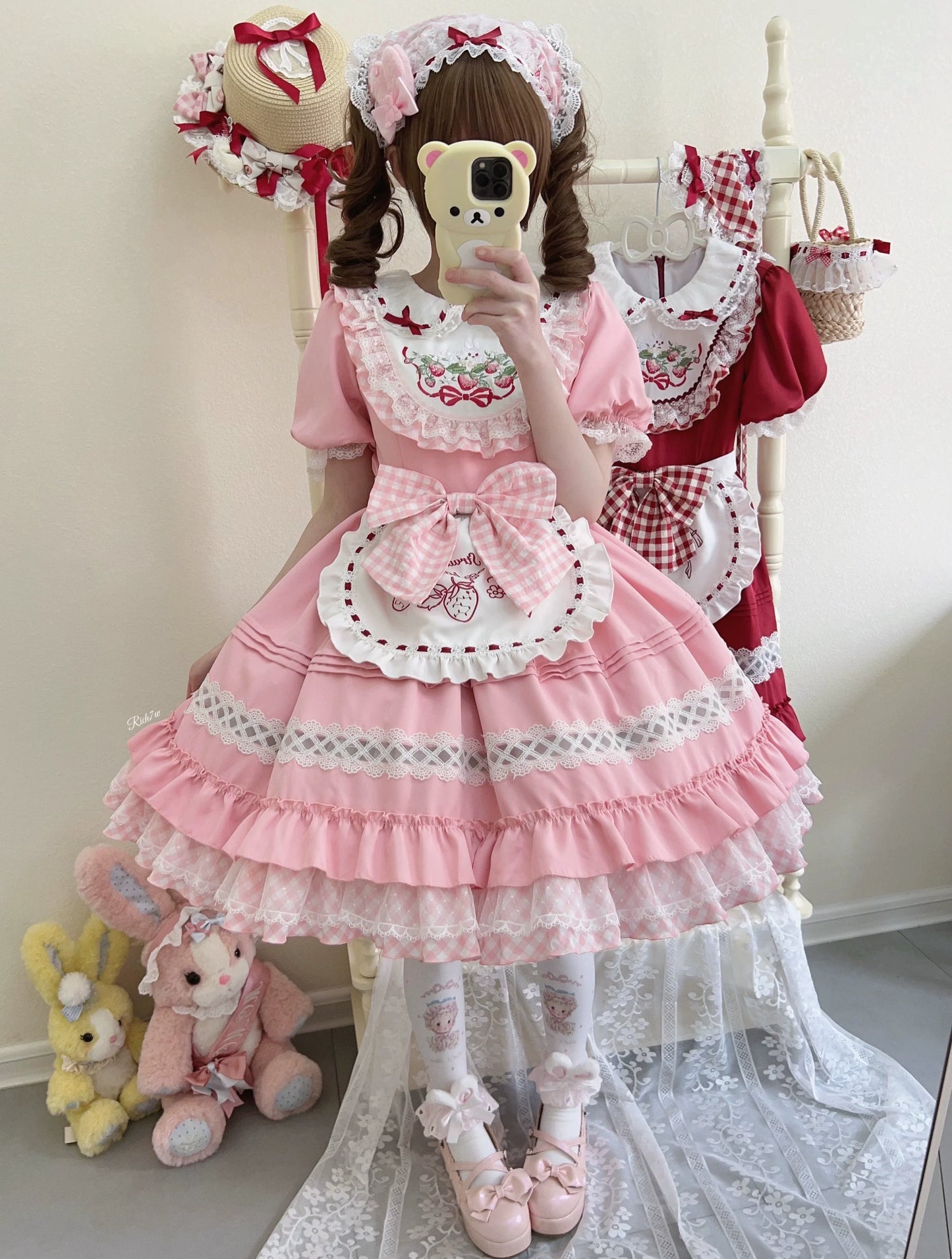 Sugar Girl - Strawberry Tea - Sweet Red Lolita OP Dress Short Sleeve Apron Dress