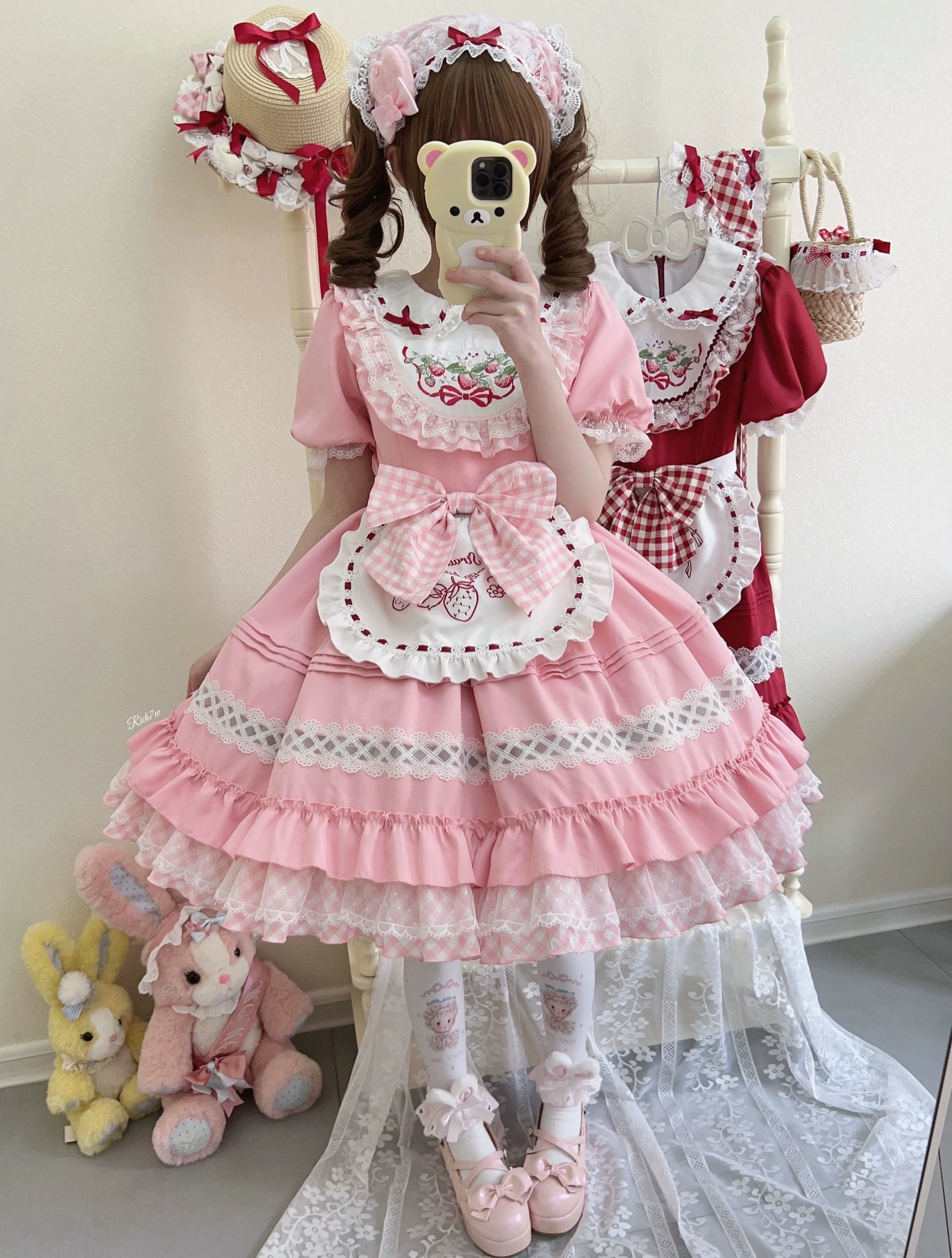 Sugar Girl - Strawberry Tea - Sweet Red Lolita OP Dress Short Sleeve Apron Dress