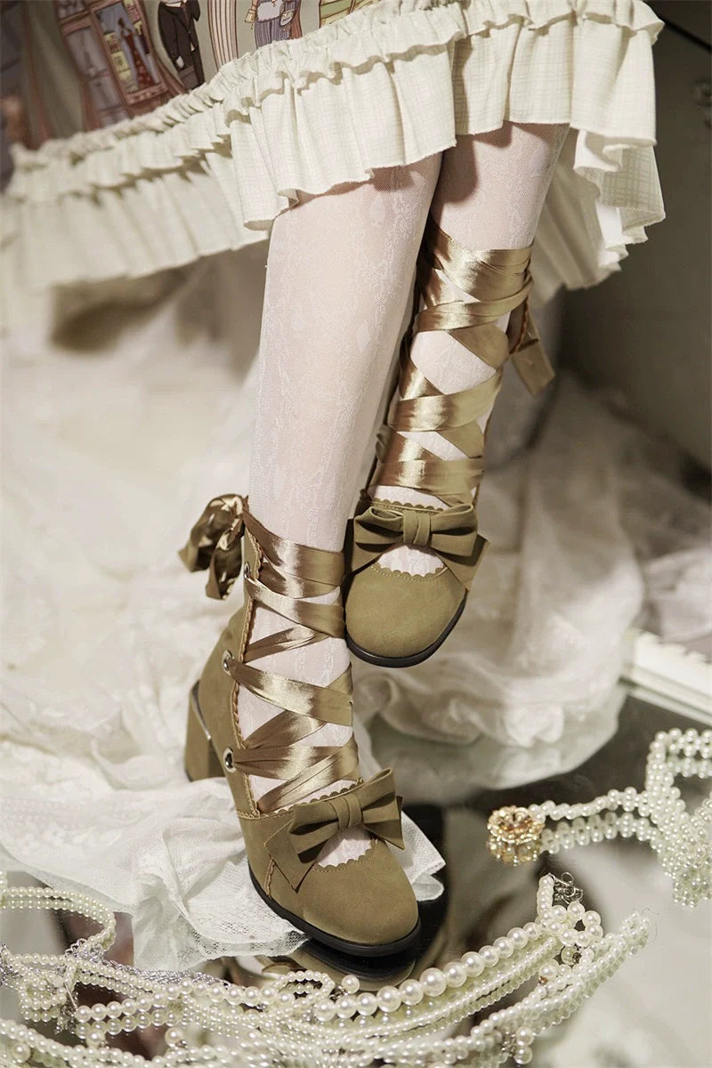 MR.Qiutian - Muse Kiss - Elegant Lolita Shoes Lace-up Bow Heels Round Toe