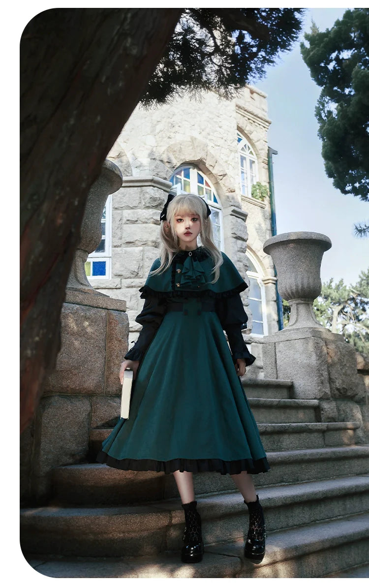 With PUJI - College of Potions - Elegantt Lolita OP Dress Black and Green Dress with Cape
