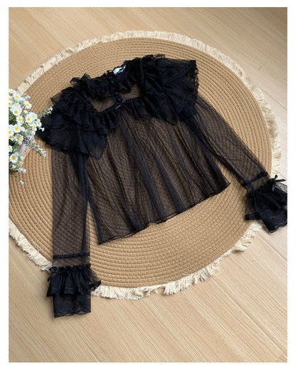 With PUJI - Letters and Poems - Summer Classic Lolita Shirt with Dotted Tulle and Long Sleeve