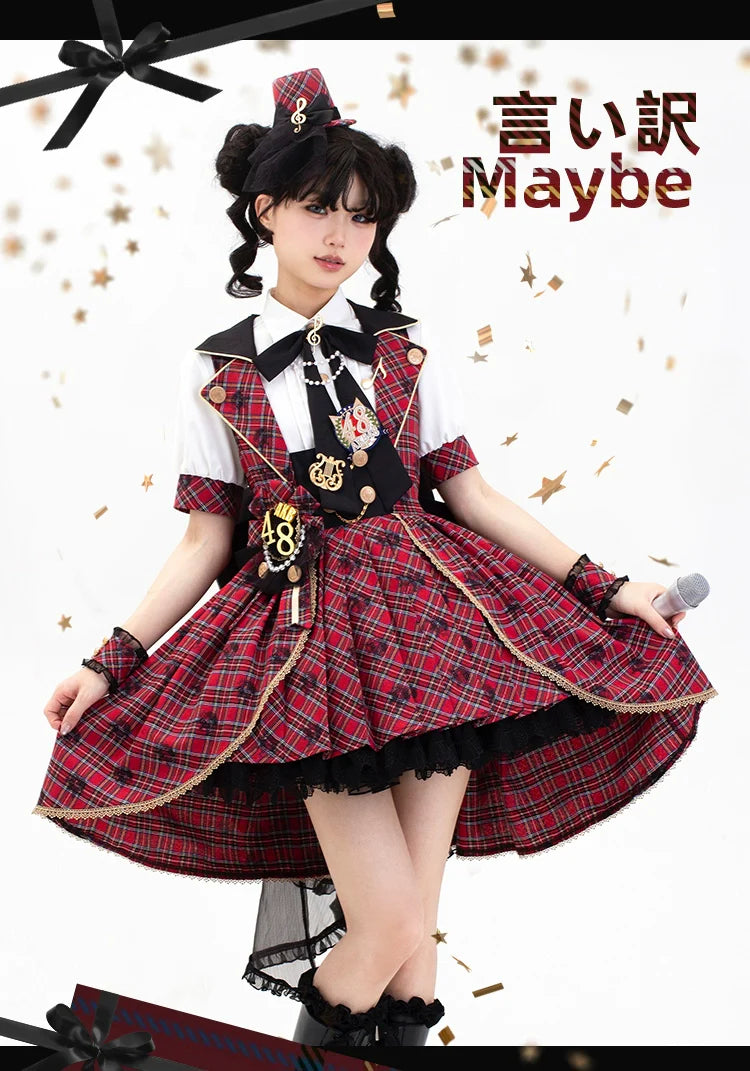 Forest Fluorescent Carps - IP Collab Sweet Lolita Performance Outfit Red Plaid JSK Full Set