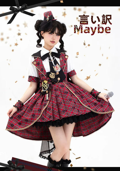 Forest Fluorescent Carps - IP Collab Sweet Lolita Performance Outfit Red Plaid JSK Full Set